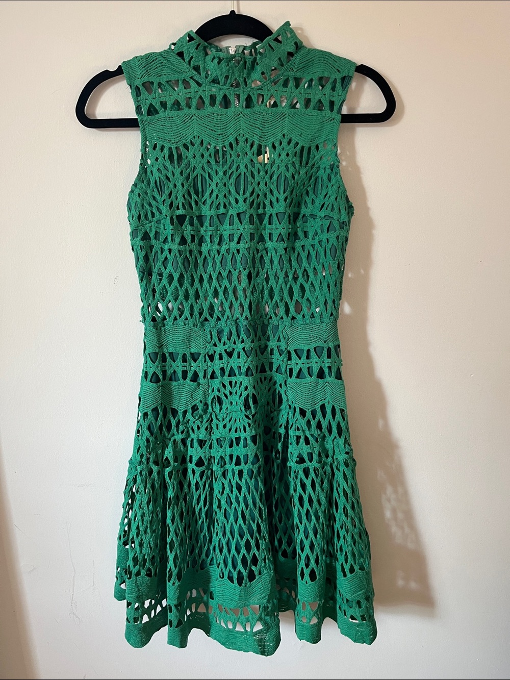 Luxxel Open Knit Forest Garden Fairy Midi A-Line Emerald Dress Crochet Women's S